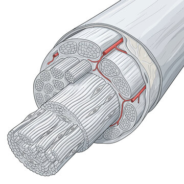 Tendon collagen fiber 3D cartoon illustration, parallel bundle crimp fascicle tenocyte, connective tissue anatomy medical education
