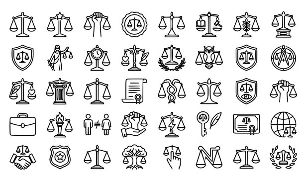 Editable Justice Scale Symbol Pack with Legal Balance Icons for Court and Law Design