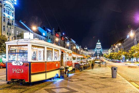 Vintage tram cafe at Wenceslas Square in Prague during blue hour