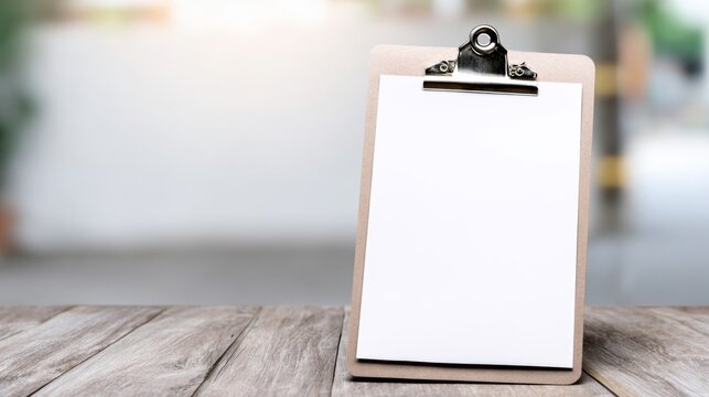Clipboard with empty sheet standing on a rustic wood surface, providing copy space for text or design in a minimal setup