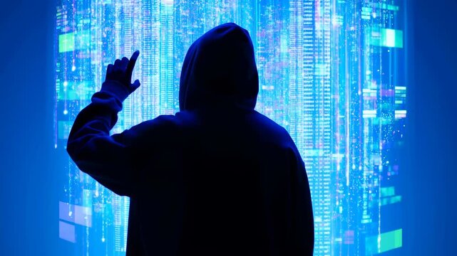 Mysterious figure in a hoodie interacting with a digital interface displaying flowing data. Represents the intersection of technology and anonymity in the digital age