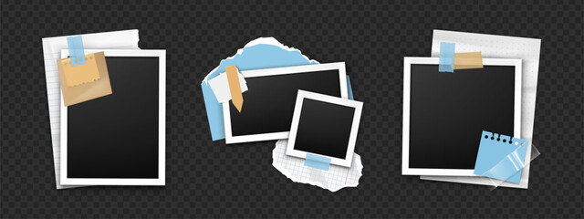 Naklejka na ściany i meble Photo frame collage with paper stickers and y2k scrapbook elements. Vintage tape and note designs. Retro camera picture template for diary cards with realistic instant film and cute photo borders.