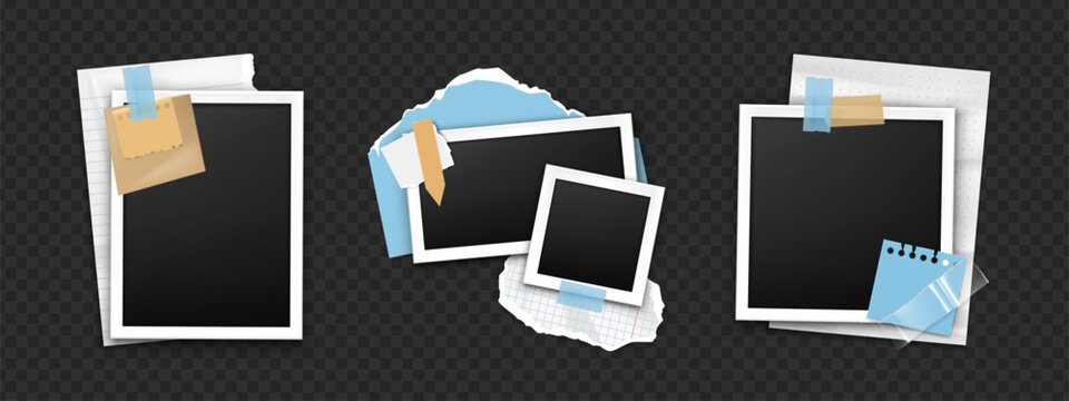 Photo frame collage with paper stickers and y2k scrapbook elements. Vintage tape and note designs. Retro camera picture template for diary cards with realistic instant film and cute photo borders.