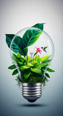 Fototapeta premium A lightbulb terrarium with lush green foliage, a pink flower, and a hummingbird, symbolizing eco-friendly ideas and sustainable innovation