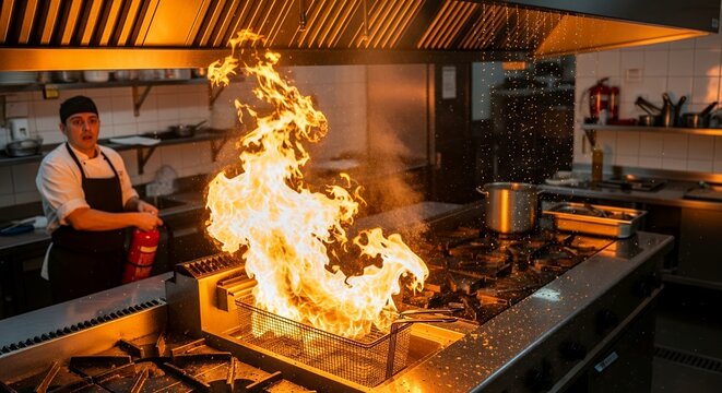 Chef handling fire flare in professional restaurant kitchen with dramatic flames