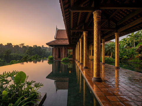 Thai Luxury Resort Pavilion Golden Hour with Ornate Gilded Columns and Infinity Pool