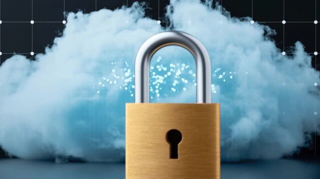 Golden padlock in front of glowing cloud symbol with digital data security concept for cloud computing protection and online safety system background