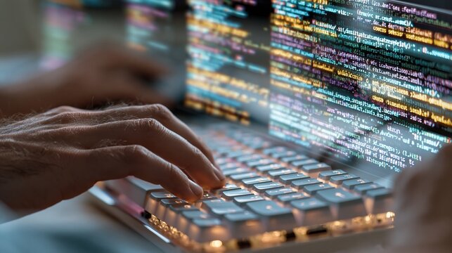 Close up of a skilled software developer typing complex source code on a glowing backlit mechanical keyboard during late night
