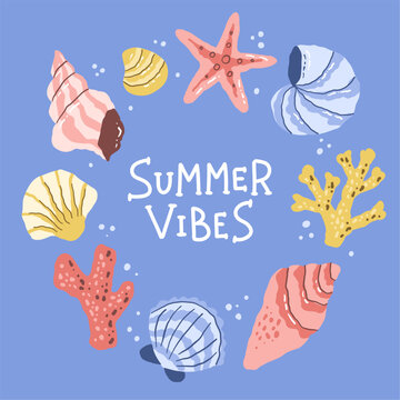 Sea shells set starfish and colorful corals collection with lettering. Marine summer elements. Hand drawn vector in simple style
