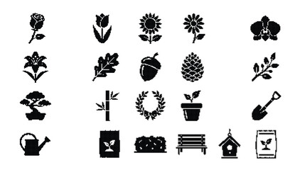 Garden and flower icon set, black botanical vector silhouettes, 20 gardening and nature elements for landscaping and floral design © riponhossain