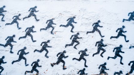 Fototapeta premium Black stencil figures of runners creating a repeated pattern on a distressed urban wall, illustrating movement and pursuit