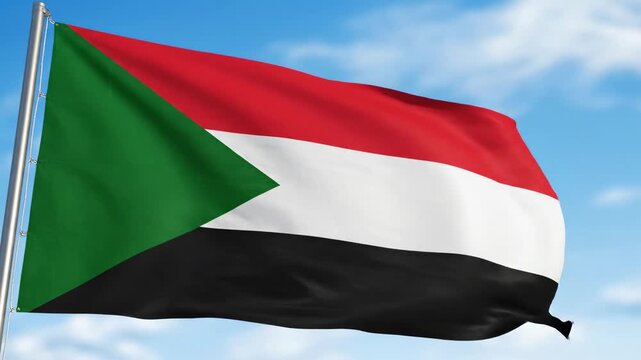 Sudanese flag with red, white and black stripes and green triangle waving on flagpole against blue cloudy sky, low-angle close-up video, concept of Sudanese national identity and African Arab heritage