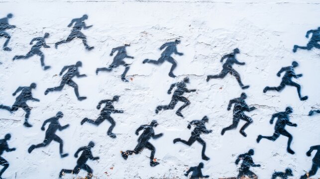 Black stencil figures of runners creating a repeated pattern on a distressed urban wall, illustrating movement and pursuit