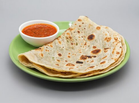 Layered flatbread pratas are served with a side of spicy red sauce on a green plate. This Asian dish is often eaten for breakfast or as a snack.