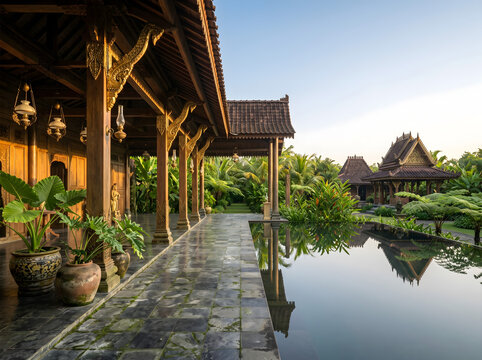 Thai Luxury Resort Pavilion Golden Hour with Ornate Columns and Large Right Sky Copy Space