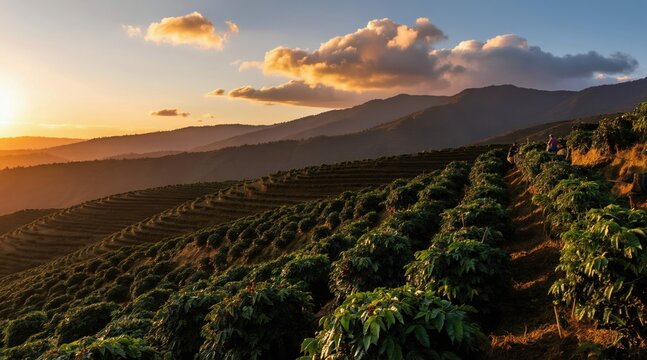 Terraced coffee plantation on mountain slope at sunset. Farmers harvest beans on hilly terrain with lush green bushes. Warm golden light over landscape.