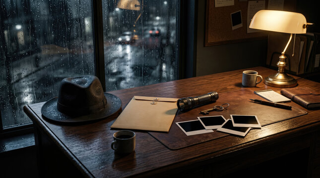 Detective desk with fedora hat and manila envelope near window showing rainy city lights.