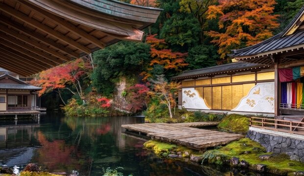 AI-generated　紅葉の池畔に佇む格式高い、金箔壁と波の吉祥文様、銅葺き屋根の庇とウッドデッキがある秋の絶景