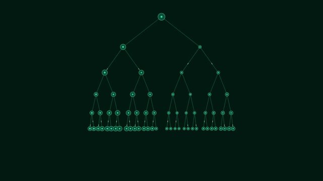 Binary tree data structure animation, digital network growth and hierarchical flowchart concept animation