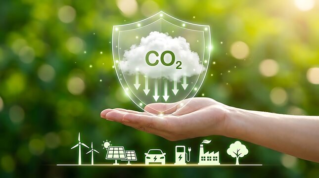 Hand holding shield protecting cloud with CO2 symbol and falling arrows, symbolizing carbon footprint reduction with sustainable energy sources.