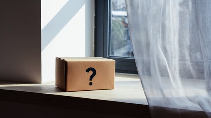 Cardboard box placed near window with sunlight shining through curtain