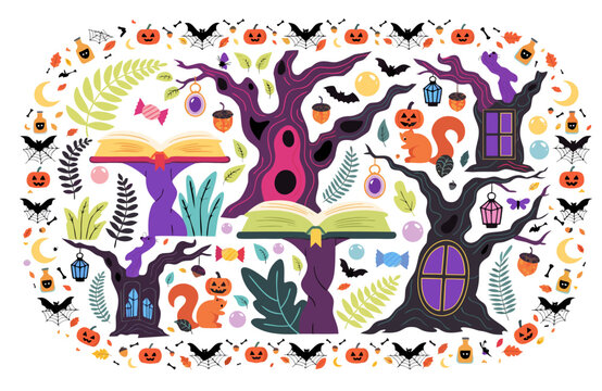 Halloween themed illustration with tree, books, pumpkins, and decorations