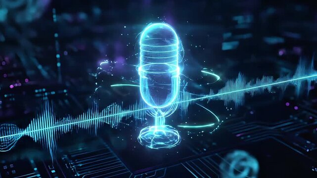 Futuristic glowing digital microphone hologram with sound wave visualization on a dark tech background