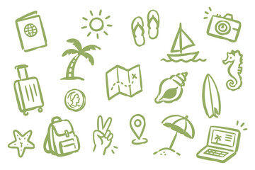 Travel vacation icon set naive doodle vector illustration