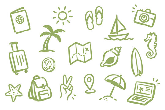 Travel vacation icon set naive doodle vector illustration