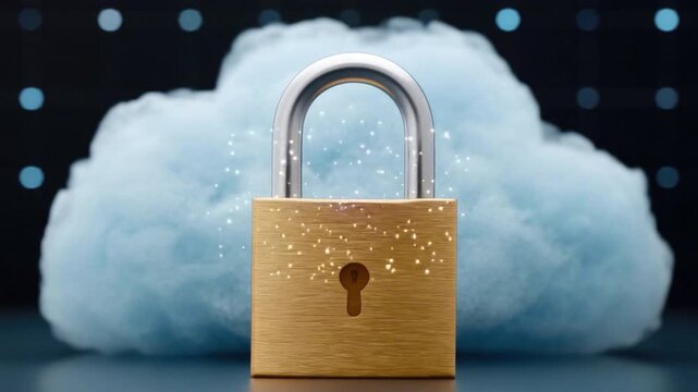 Secure brass padlock in front of cloud shape symbolizing data protection and cybersecurity for digital cloud storage safety and online privacy concept