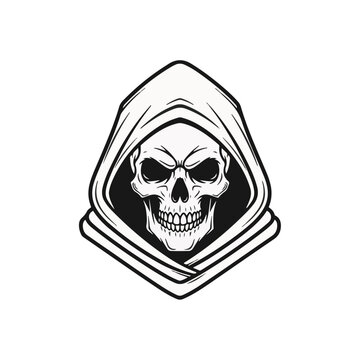 Black and white vector illustration of a human skull wearing a draped layered hood, front-facing anatomical skeletal head, isolated on white background, minimalist line art graphic.