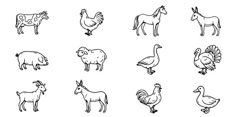 Fototapeta premium Animals Including a Cow, Rooster, Horse, Donkey, Pig, Sheep, Goose, Turkey, Goat, and Duck in a Farm Setting