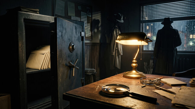 Private detective office interior with open safe and mysterious man looking out window view.
