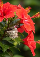 Fototapeta premium Tiny Hummingbird Nesting in a Small Cup Nest Surrounded by Vibrant Red Hibiscus Flowers in a Tropical Garden