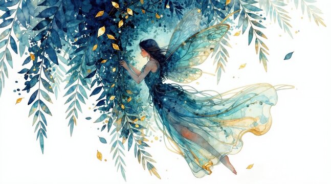 Watercolor art shows elegant fairy with wings near blue leaves. Golden sparkles add magic. Soft flowing dress and serene pose create dreamy atmosphere. Woman with ethereal beauty.