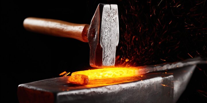 Hot forged steel being shaped on an anvil with sparks flying