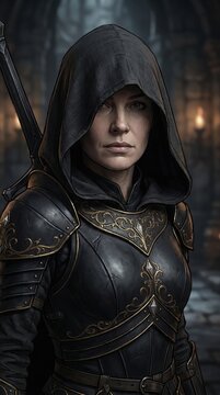 Medieval Warrior Woman in Hooded Armor