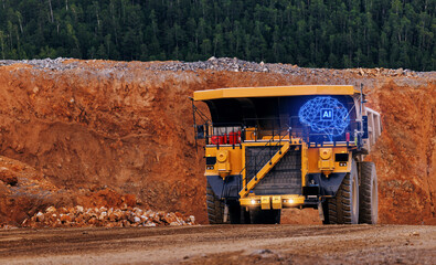 Autonomous mining dump truck with ai system visual overlay at open pit site, Concept intelligence ai assistant cloud for industrial work © Parilov