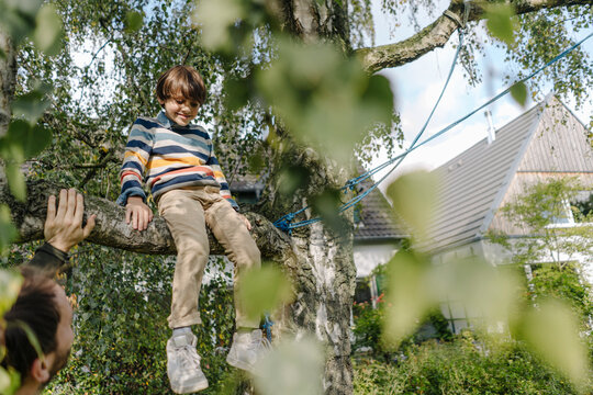 Boy climbing tree, sitting on branch, father watching