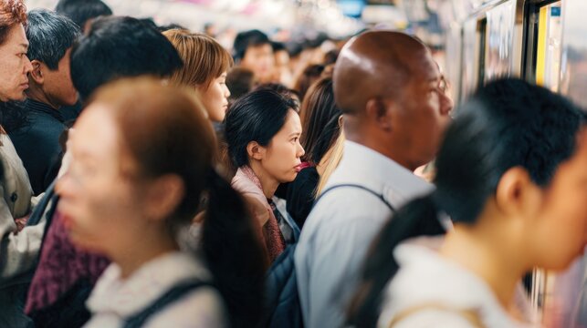 Crowded subway station during rush hour with many people waiting for the train