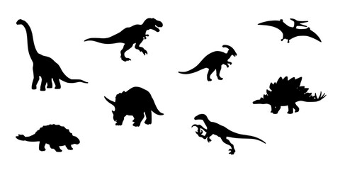 Obraz premium Dinosaur Silhouettes Icon Set in Monochrome, Assorted Prehistoric Species Arranged in a Neat Grid for Educational Graphics