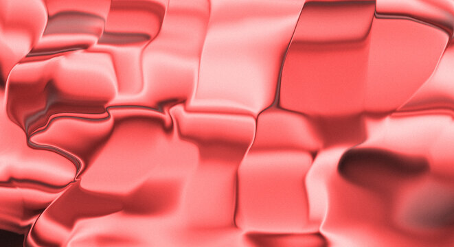 Glossy red chrome liquid metal abstract background with wavy metallic foil texture