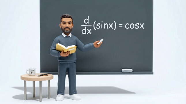  Male teacher standing at chalkboard pointing to calculus math equation in classroom, 3D cartoon illustration style