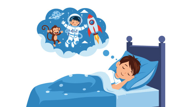 Small boy sleeps peacefully in his bed while dreaming of a fantastic adventure as an astronaut exploring deep space with a monkey.