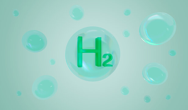 Green hydrogen H2 molecule inside a clear bubble for clean energy