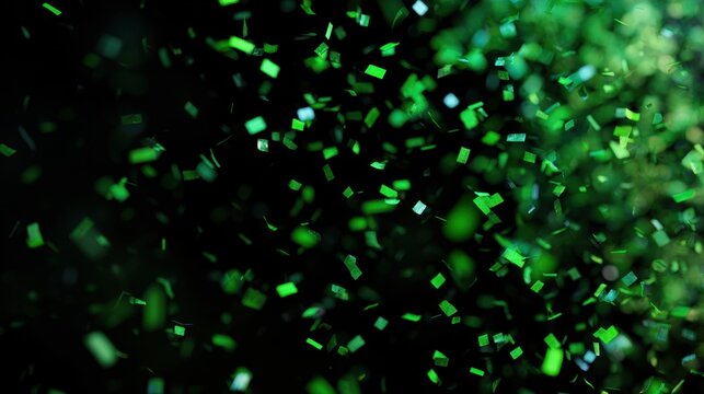 Green confetti falls during a celebration in a bright setting at night
