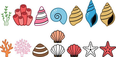 Vector illustration set of colorful marine life elements including diverse sea shells, spiral snail shells, coral reefs, seaweed, and starfish. © Sahabib