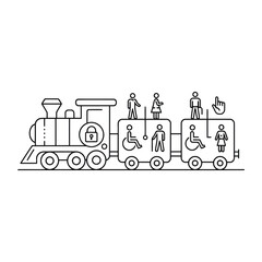 Accessible train transportation line icon, inclusive public transit vector with wheelchair and elderly symbols, steam locomotive with passengers © emdad