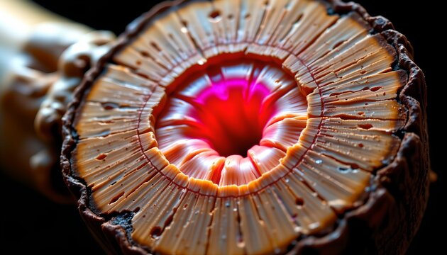 The image features a close up of a sliced piece of natural material, revealing intricate, colorful concentric rings at its core