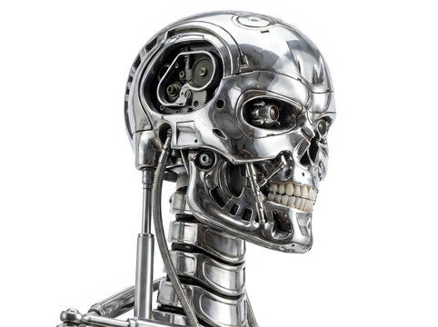 Closeup of a metallic robotic skull isolated on transparent background